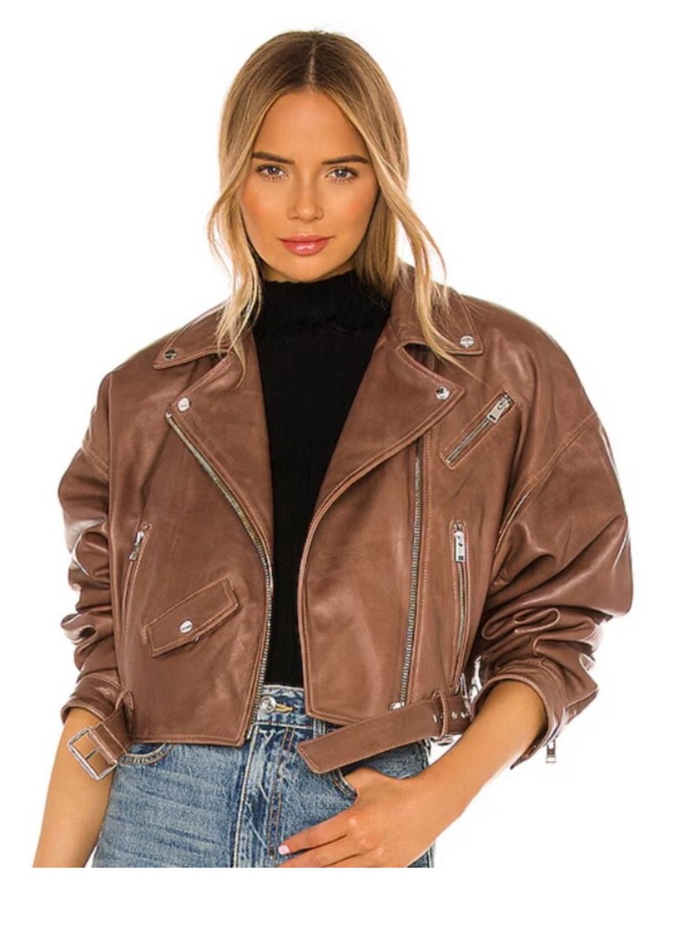 Lamarque Brown Leather cropped Moto Jacket size small